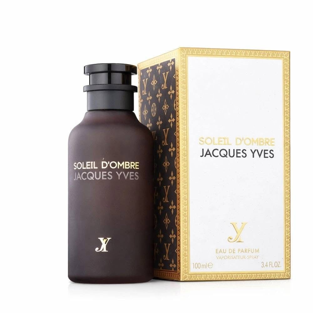 Soleil d’Ombre Jacques Yves 100 ml, flacon et coffret doré sur fond blanc